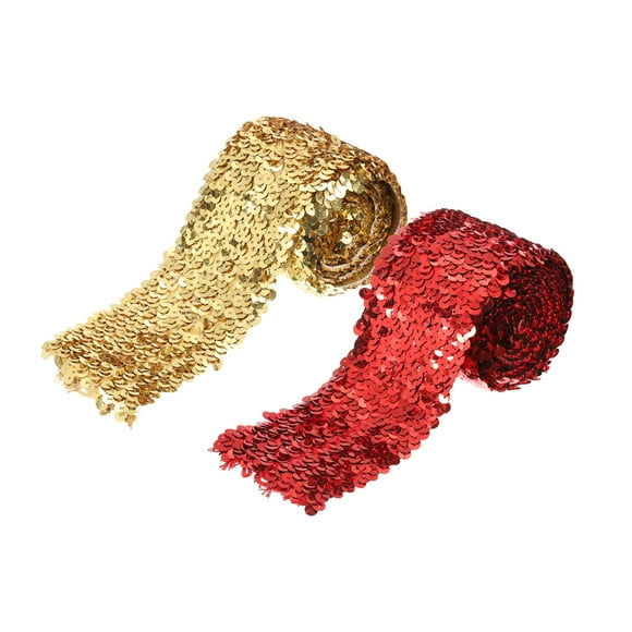 Unique Bargains 2 Pack 2.2 Yards 3 Inch Elastic Sequins Trim 5 Row Flat Sequin Strip Sequins Fabric Ribbon for Sewing Red Gold