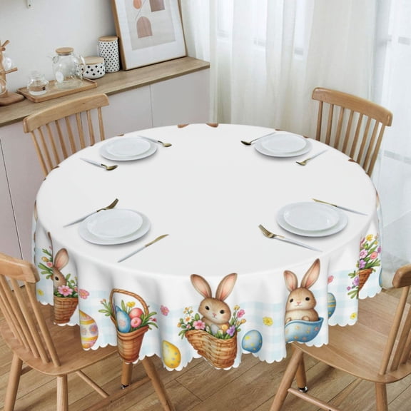 Easter Bunny Egg Festive Wreath Round Tablecloth Waterproof Oil-Proof Plastic Table Cloth Stain-Resistant Wipeable 60" for Camping, Dining, Indoor and Outdoor