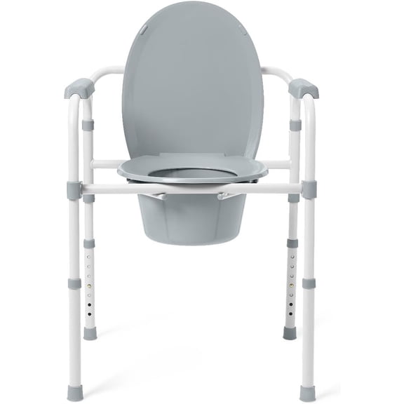 3-in-1 Bedside Commode Chair with Elongated Seat – Steel Folding Frame, 7.5 QT Bucket, 350 lb Weight Capacity, Clip-On Toilet Seat, Bathroom Safety Aid for Seniors, Tool-Free Assembly