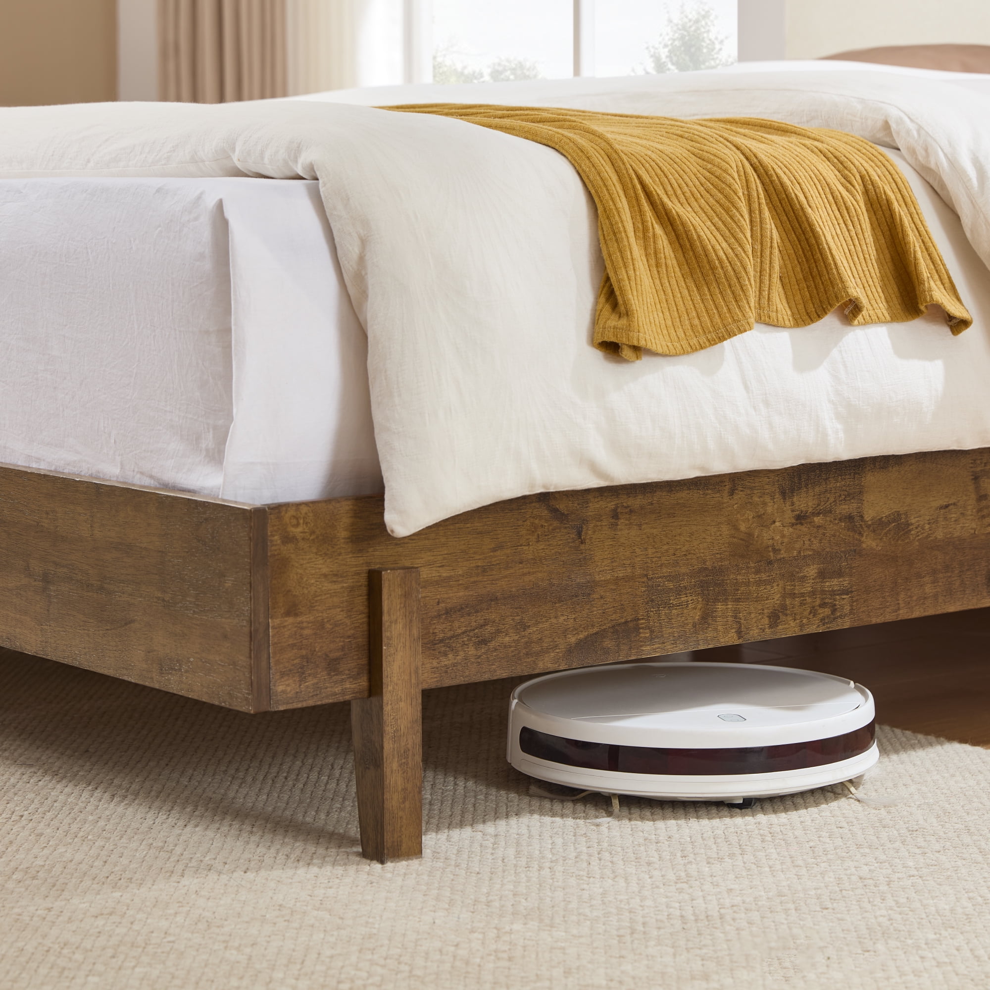 Spruce & Spring Modern Bouclé Platform Bed with Upholstered Headboard & Solid Wood Frame Walnut, Queen