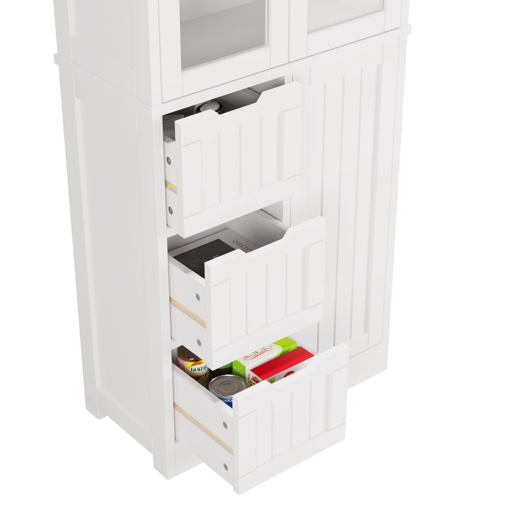 IVV 58" Freestanding Bathroom Cabinet with Glass Doors and 2 Drawers, Kitchen Pantry Storage Cupboard for Bathroom, Living Room, Dining Room, Office, White