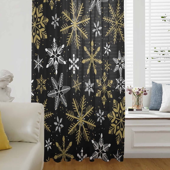 Snowflake Christmas Semi Sheer Curtains Drapes for Living Room, Bedroom, French Doors Window 72 Inches Long, Winter Xmas Snow Simple Black Rod Pocket Chiffon Curtain Drapery Voile Draperies Panel