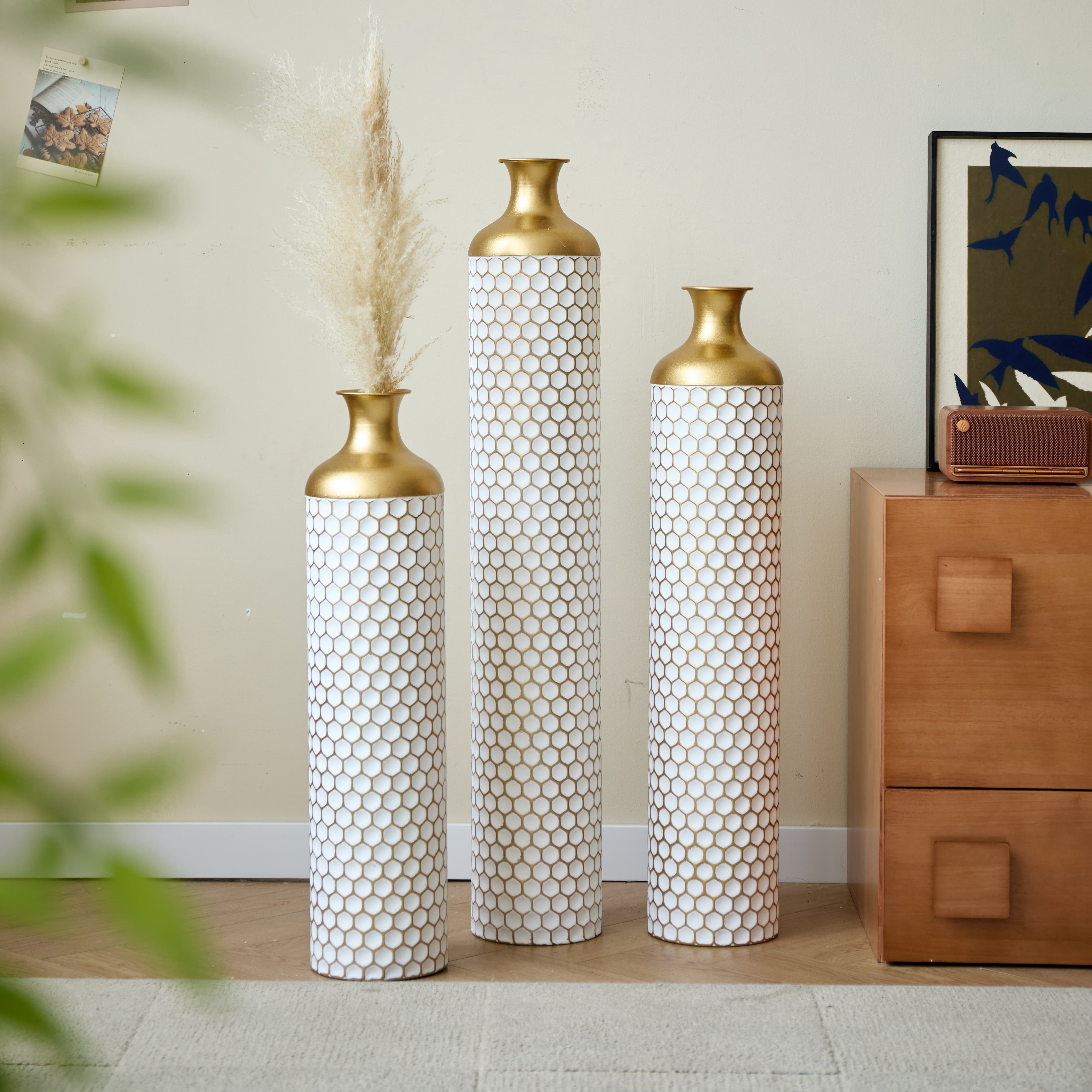 Aukfa Metal Tall Floor Vases for Decoration, Large Floor Vase Set of 3,Droplet Shaped,33.4"/28.74"/24.4"H,White