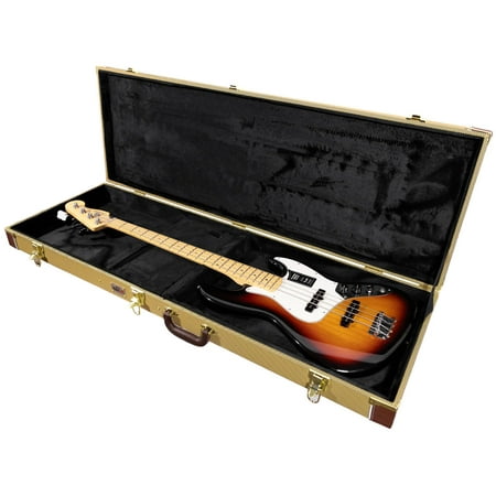 Gearlux Bass Guitar Hard Case, Fits Fender Precision/Jazz Bass and More with Exterior Lock and Key, Interior Accessory Compartment, and Plush Interior Padding - Tweed
