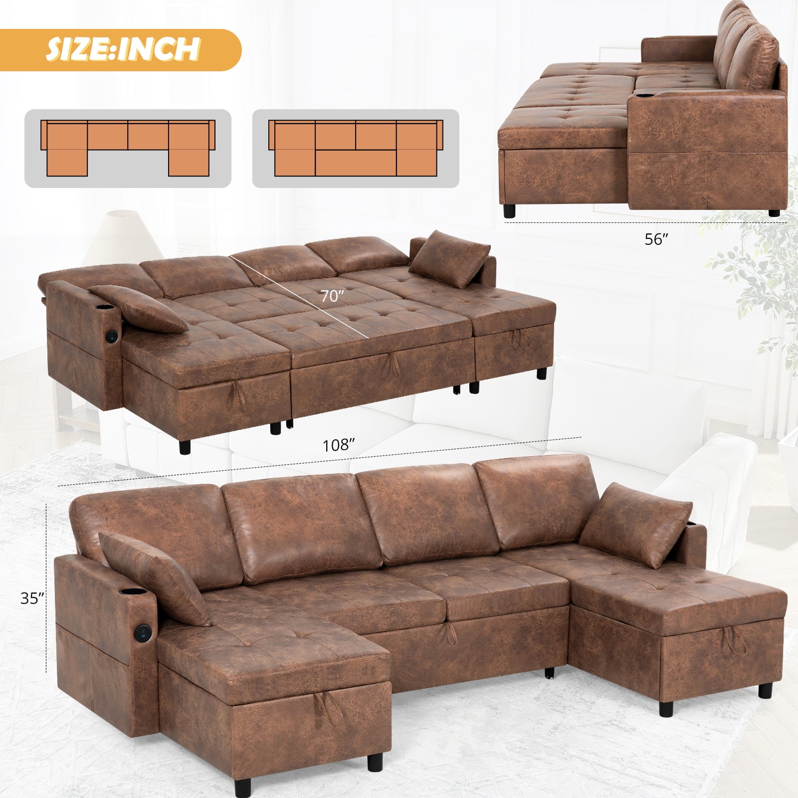 ACMEASE 108" Suede Leather Sectional Sofa w/Adjustable Backrests, Pull Out Sofa Bed w/USB Charger Port& Reversible Storage Chaise,Convertible U-Shaped Sofa with Cup Holders for Living Room,Brown