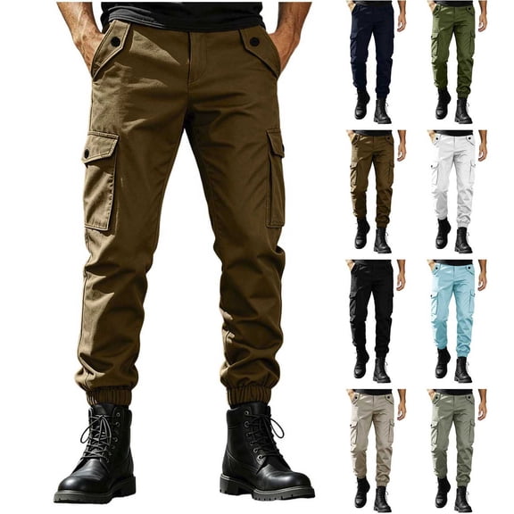Men Cargo Jogger Pants Sevevn Multi Side Flap Pockets Button Waist Solid Twill Fabric Cuffed Ankle Trousers For Hiking Outdoor Work Street Daily Casual Wear