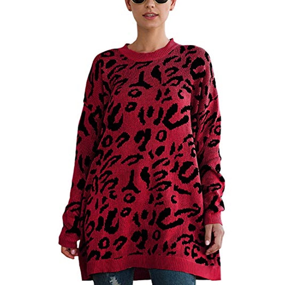 Spec4Y Womens Casual Oversized Leopard Print Sweater Long Sleeve Knitted Pullover Sweatshirts Tops 