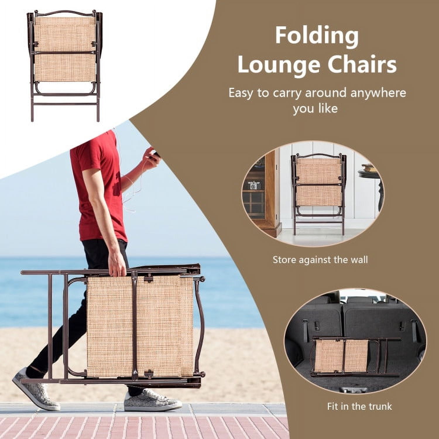 Aimee Lii Set of 2 Patio Folding Sling Back Camping Deck Chairs, Outdoor Patio Set, Beige
