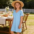 thumbnail image 2 of FRSASU Robe d'Été 100 % Coton pour Filles, Tendance, Col en V, Décontractée, Bohème, Robe Soleil, Printemps, Plage, Fluide, Vacances, Mini, Bleu, 2 of 8