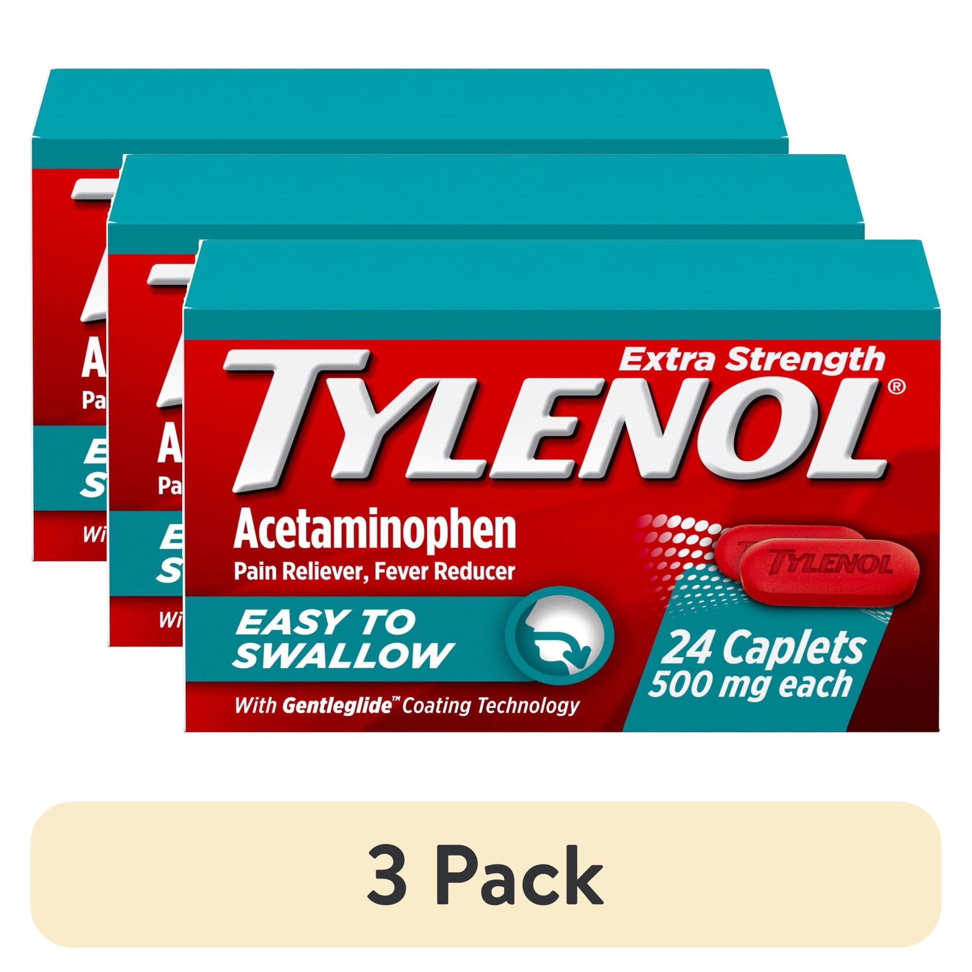 (3 pack) Tylenol Extra Strength Pain Relief Acetaminophen Easy to Swallow Caplets, 24 Count