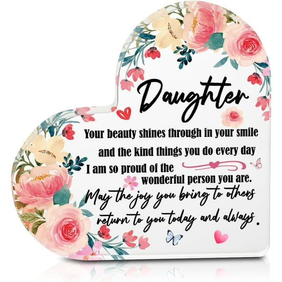 Daughter Gifts Watercolor Flowers Butterfly Heart Shape Acrylic Plaque For Birthday Christmas Wedding Keepsake Desk Decorations Home Table Centerpieces Decor