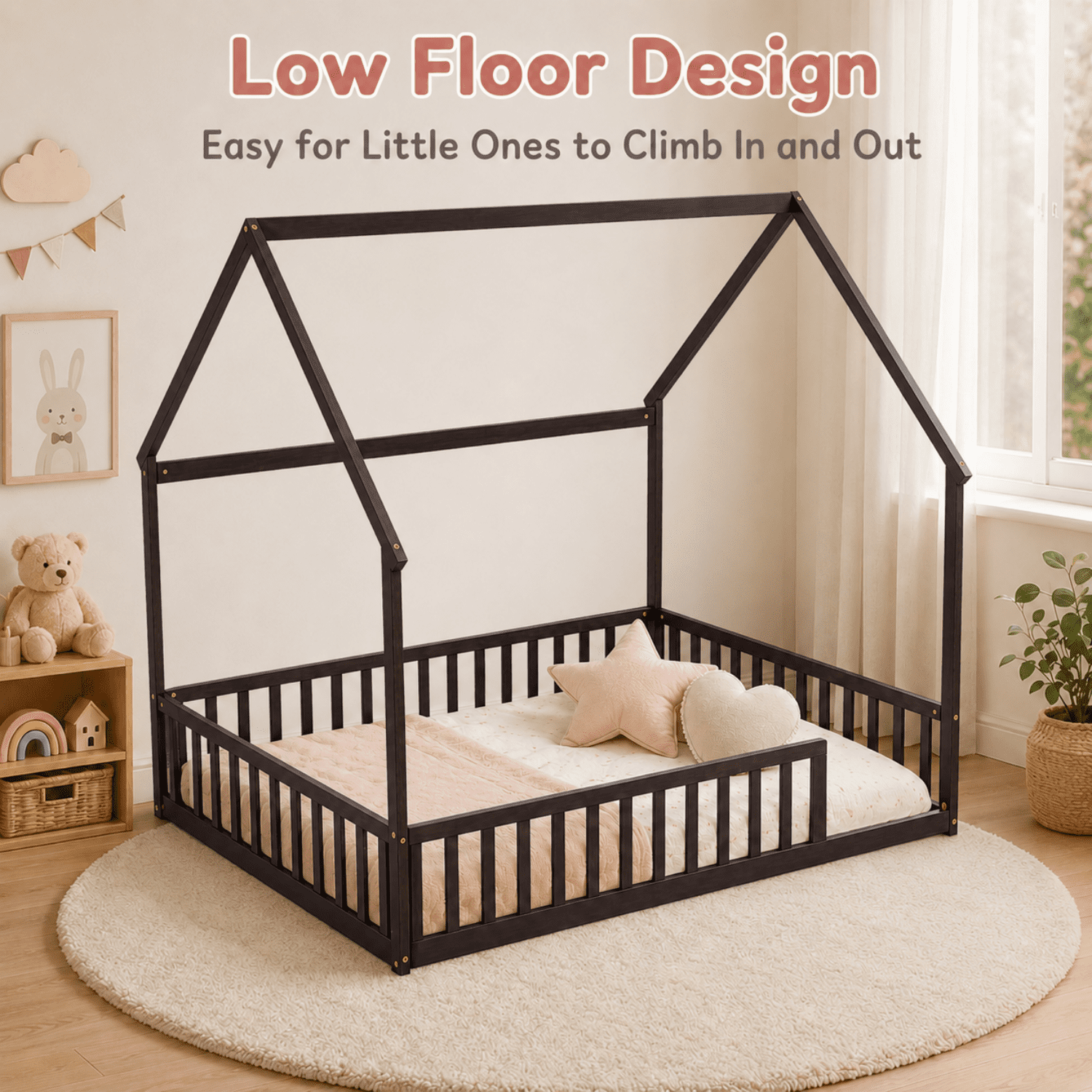 Miniyam Full Size Kids House Floor Bed with Fence, Wood Montessori Bed Frame, Espresso