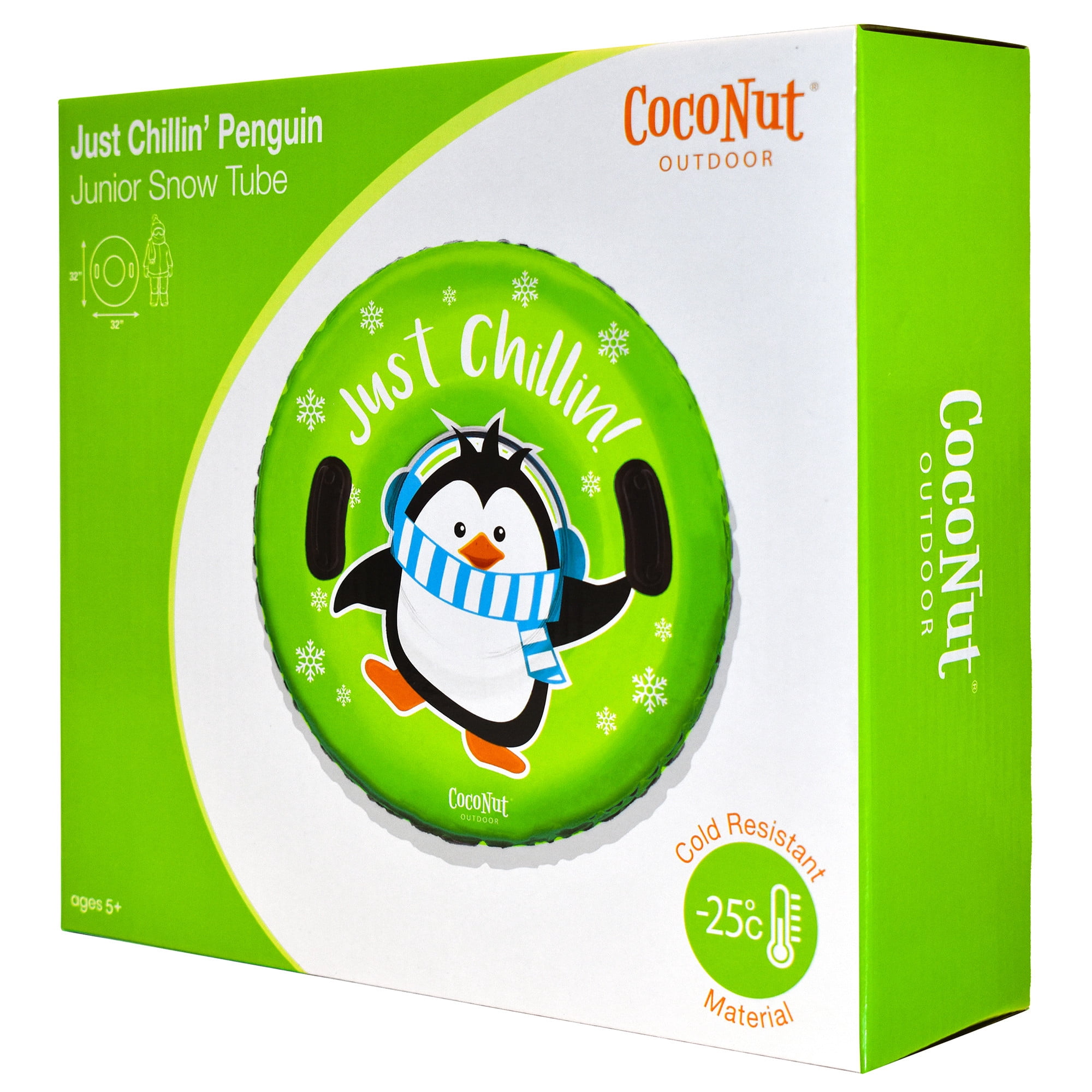 CocoNut Outdoor: Just Chillin Green Penguin -32" Inflatable Penguin Junior Snow Tube - Heavy Duty Snow Sled with Sturdy Handles for Kids, Lightweight Snow Tube for Boys and Girls, Kids 5+