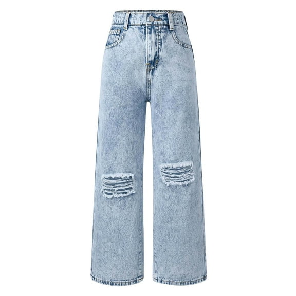 Tfken Kids girls Jeans Ripped Elastic Waist Wide-Leg Cool Relaxed Denim Pants Blue Size 8-9 Years