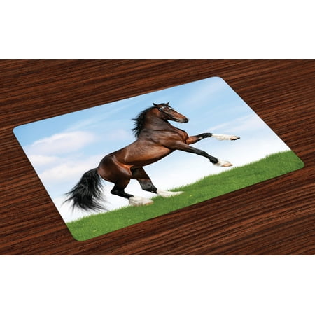 Grass Place Mats Horses Placemats Set of 4 Bay Horse Pacing on the Grass Energetic Noble Character of the Nature Concept, Washable Fabric Place Mats for Dining Room Kitchen Table Decor,Blue Green Brown, by Ambesonne ()