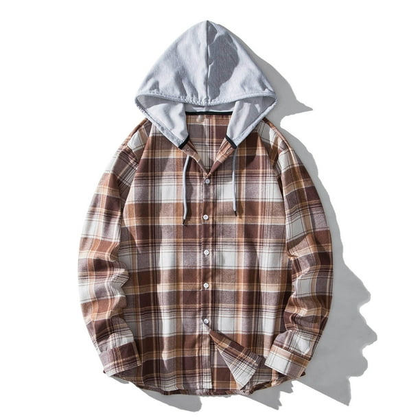 Blusa informal de manga larga con capucha para hombre, con cuello vuelto, manga larga, cierre de botones, estampado a cuadros, con capucha
