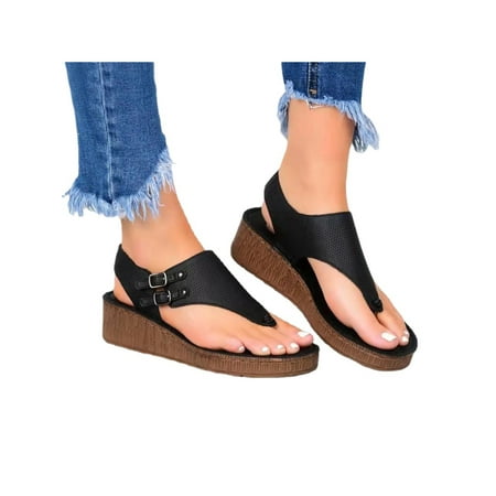 

Daeful Women Platform Sandal Wedge Thong Sandals Summer Casual Shoes Work Retro Anti-Slip Beach Black US 9