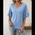 thumbnail image 4 of Tops Elegantes de Cuello en V para Mujer, de Doble Capa, con Mangas Acampanadas y Volantes de 3/4, Color Azul , Talla XXL, 4 of 8