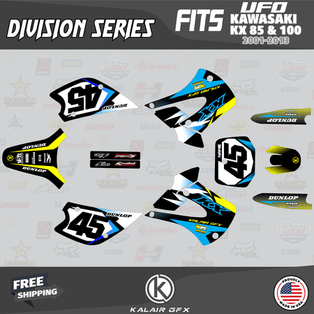 Kalair GFX Graphics Kit for Kawasaki KX100 UFO RESTYLE (2001-2013) Division Series Kalair GFX Graphics Kit for Kawasaki KX100 UFO RESTYLE (2001-2013) Division Series