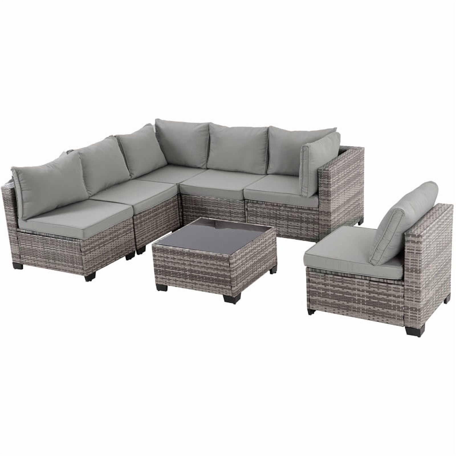 Howcool 7-Piece All-Weather Wicker Rattan Outdoor Patio Furniture Set,Modular Patio Conversation Furniture Set with Thick Cushions & Tempered Glass Table
