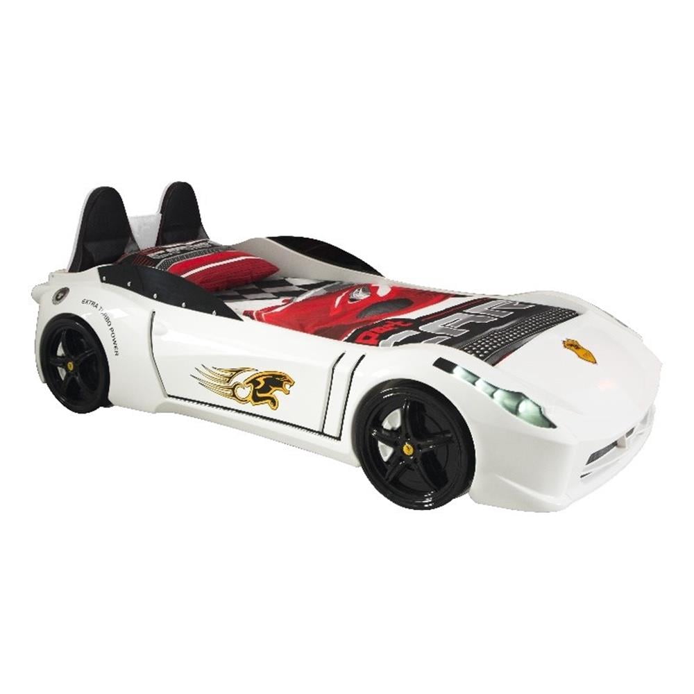 Pemberly Row Modern Wood Twin Race Car Bed with Remote Control in White
