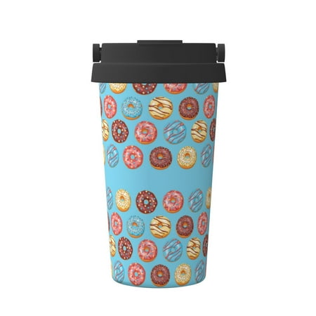 

Uemuo Cute Donut Print Carry Insulated Coffee Mug Travel Mug with Hidden Handle Insulated Coffee Flask Leak-proof Travel Mug Insulated Mug for Office