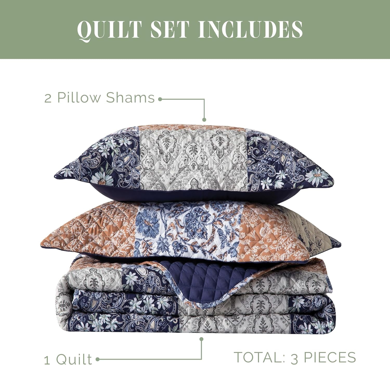 Elegant Comfort 3-Piece Floral Patchwork Reversible Quilt Set - Soft Bedspread with Matching Pillow Shams, Heavyweight Stitching, All Season Quilted Coverlet - Twin XL, Floral Navy