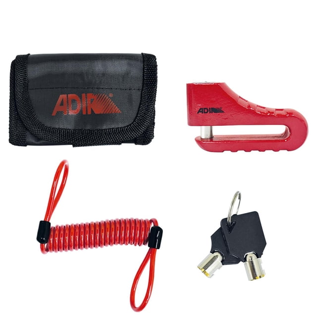 candado grande para motocicleta de disco 10 mm 10506 adir 10506-adir rojo con vástago de 10 mm, incluye 2 llaves, funda de almacenaje negra con logo Adir y cable recordatorio enrollado rojo; vista frontal sobre fondo blanco, ideal para motos medianas y grandes y también adecuado para recordar instalación en estacionamientos.