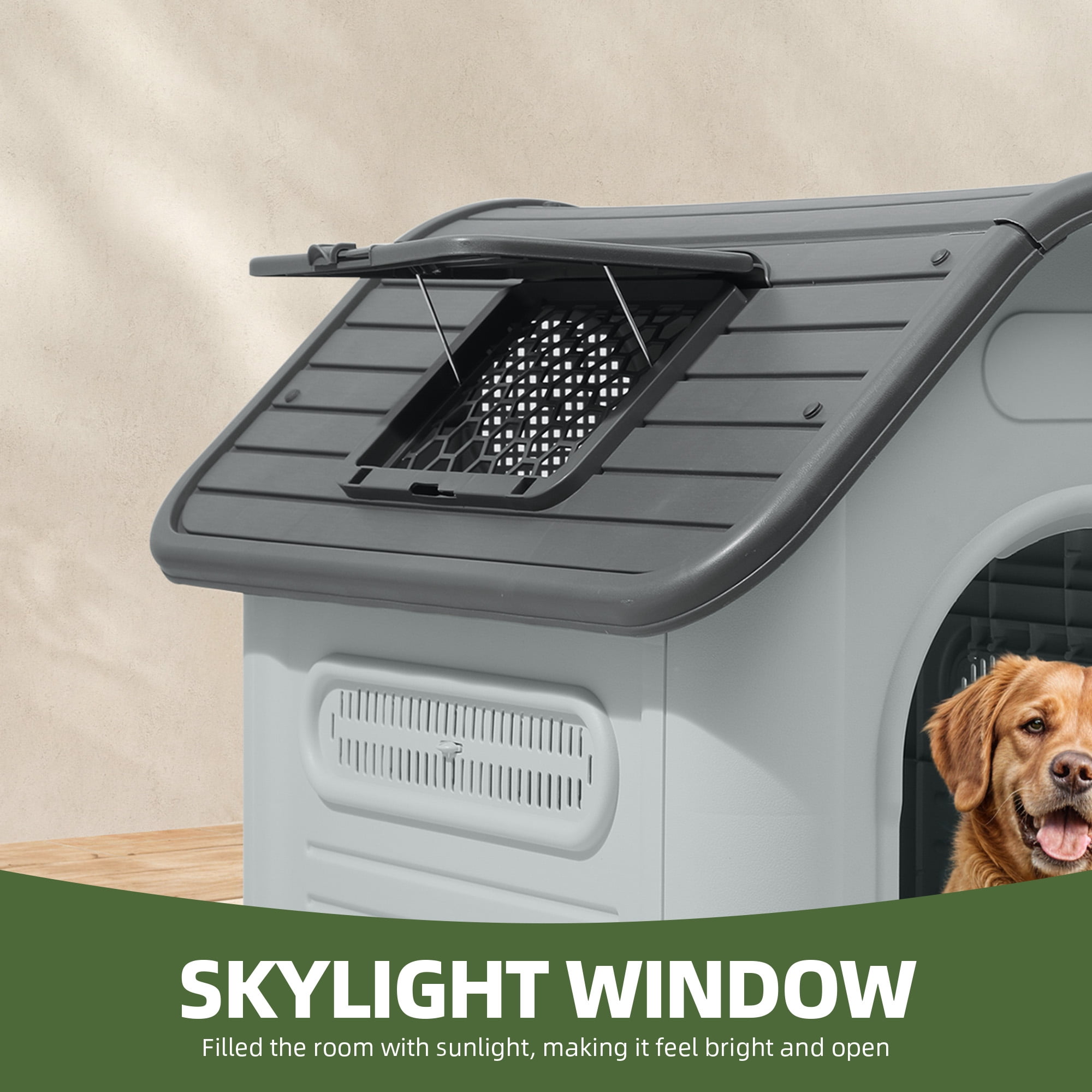 Uforic Extra-Large Waterproof Plastic Dog House with Adjustable Skylight and Elevated Floor, Outdoor Indoor Doghouse Puppy Shelter,Gray,39.4''Lx 33.5''Wx 37.8''H
