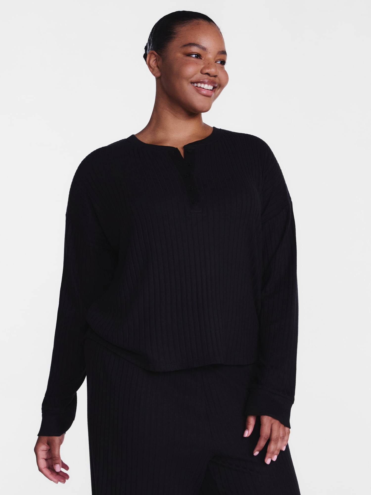 Joyspun Women's Cozy Lounge Collection Hacci Long Sleeve Henley Sleep Top, Sizes XS to 3X