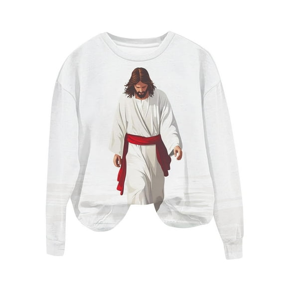 Christmas Long Sleeve Pullover Shirts for Women Graphic Jesus Printed Round Neck Sweatshirt Loose Holiday Tops (XL, White 03)