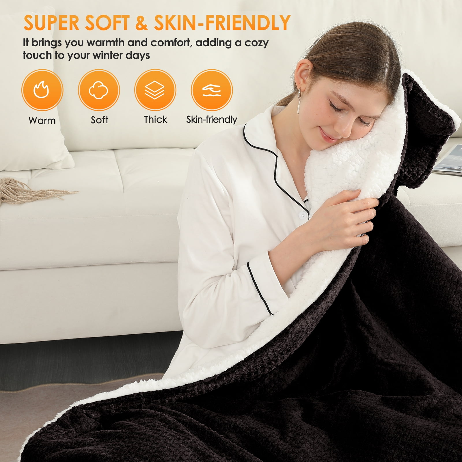TRUSTWARMTH Electric Heated Blanket Twin Size - 62" x 84" Heating Bed Blankets with 6 Heating Levels & 10 Hours Auto Off, Ultra Sherpa & Waffle Pattern, Brown