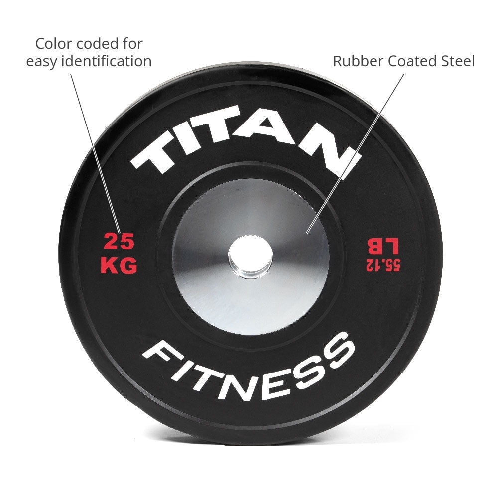 Titan Fitness 25 KG Black Elite Olympic Bumper Plates, Sold Individually, Competition Weight Plates, Rubber With Steel Insert