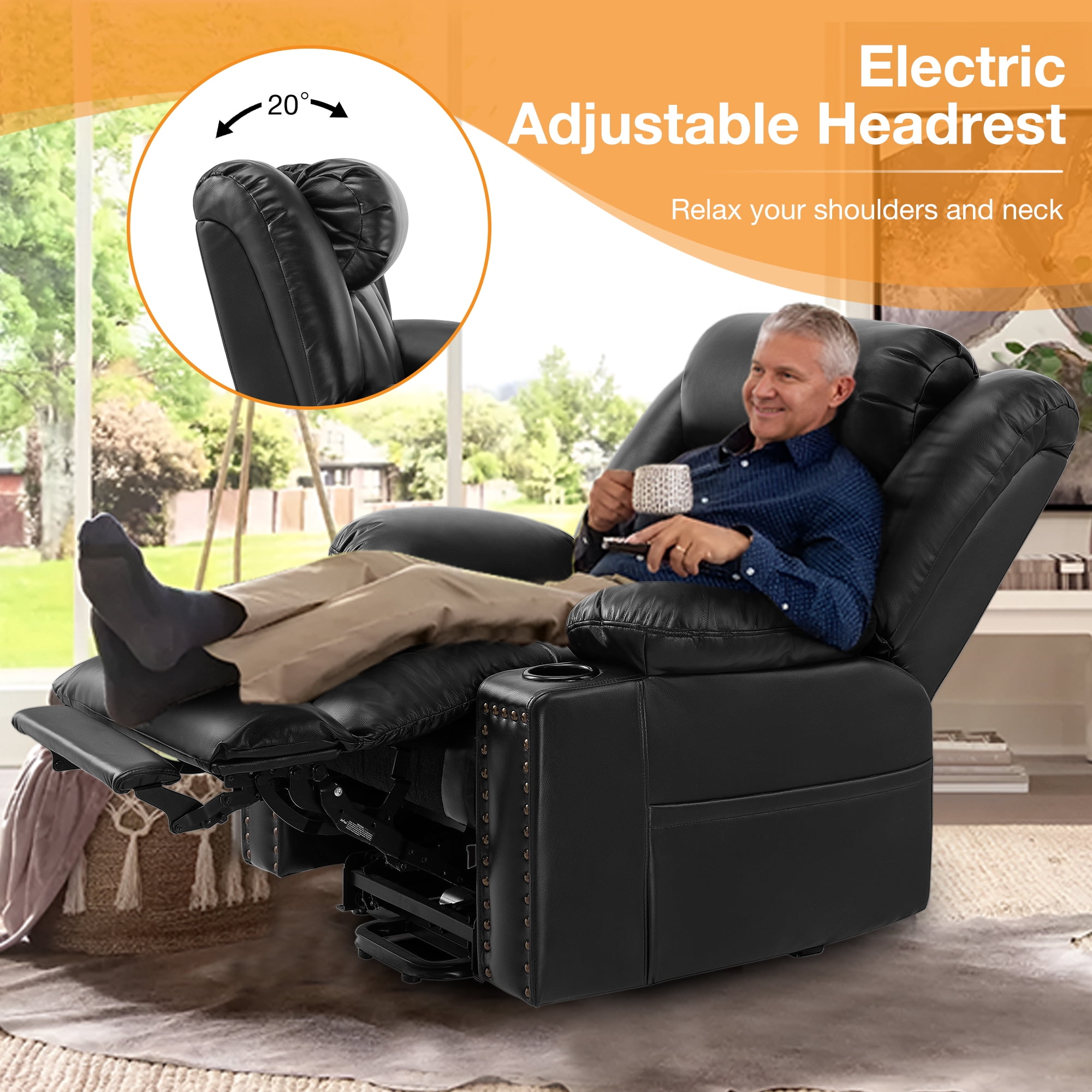 Triple Motor Large Power Lift Recliner Chair for Elderly with Heat and Massage, Lay Flat Lift Chairs for Seniors Infinite Position, Extended Footrest, USB Ports, Cup Holder, Faux Leather