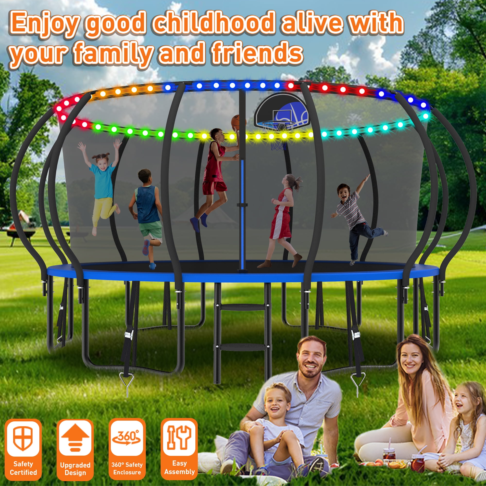 WOWLAND 15FT Trampoline for Adults and Kids 1500LBS Weight Capacity, Heavy Duty Outdoor Trampolines with Basketball Hoop and Enclosure Net for Backyard, Birthday Gift