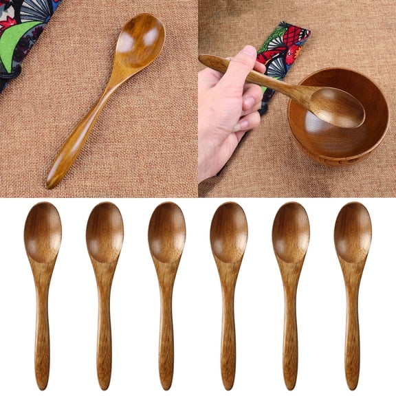 Japanese Style Solid Wooden Spoons Set 6 Piece Natural Wood Tableware Kitchen Utensils for Stirring Coffee and Cooking