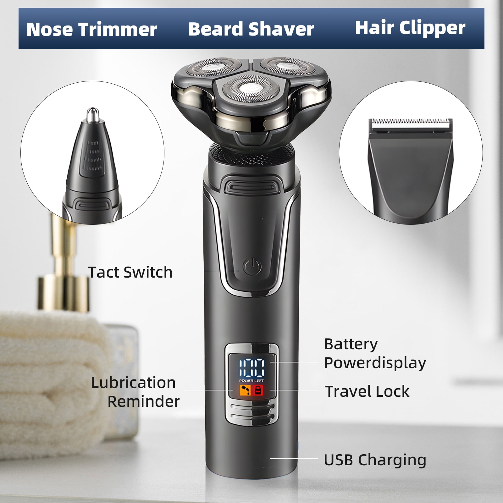3 IN 1 Electric Razor for Men: Rechargeable Electric Shavers with Nose Trimmer Sideburns Trimmer,Waterproof Wet/Dry Grooming Kit