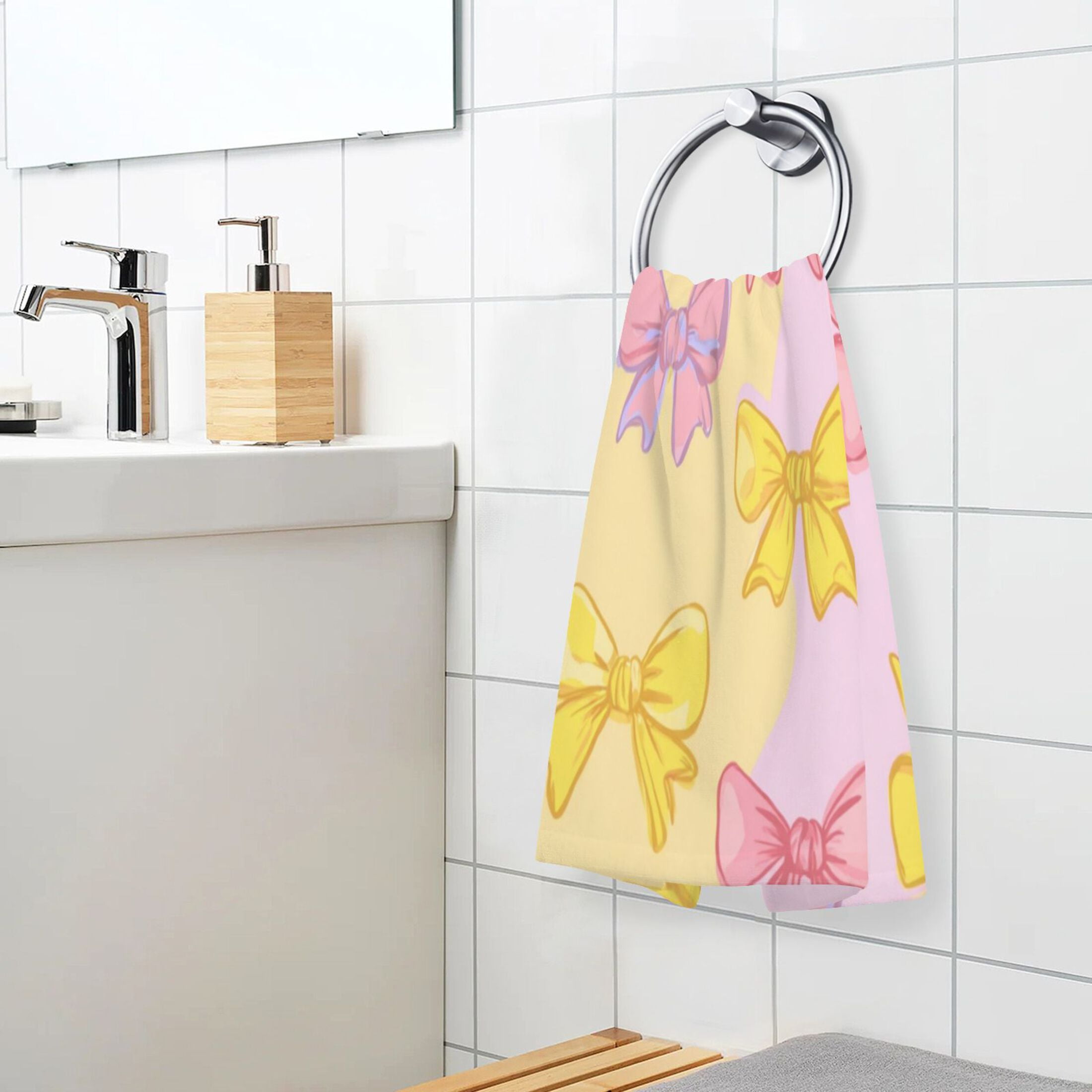 2 Pcs Hand Towels Sets Yellow and Pink Bows Cotton Towel Set Absorbent Face Towel for Bathroom Kitchen Shower Hotel Decor