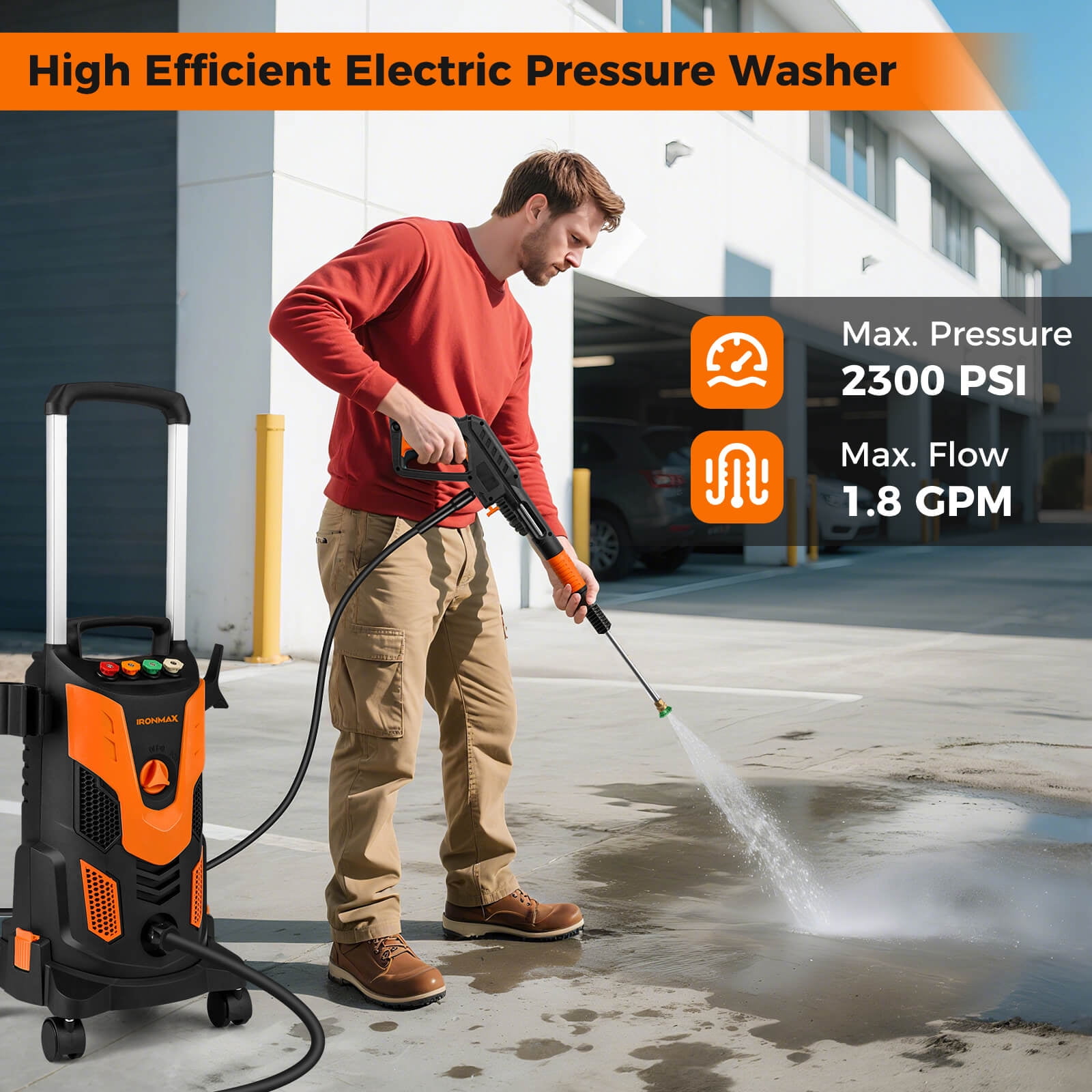 Ironmax Electric Pressure Washer with 4 Nozzles & Soap Bottle Lockable Wheels for Cleaning Orange