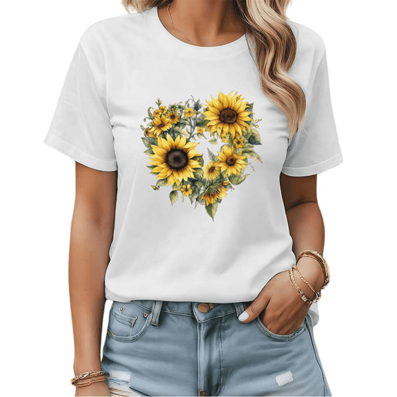 Vibrant Sunflower Heart Cluster Graphic Tees Womans T shirt Black/White S-5XL Shirts Casual Daily Tops