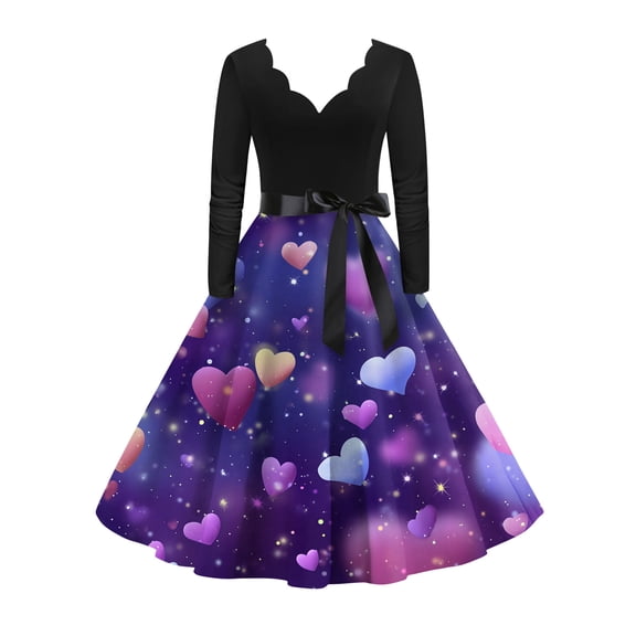 Fgvctg Valentine'S Day Womens Dresses Trendy Long Sleeve Vintage Dresses Cocktail Plus Size 50'S Dress Elegant Love Heart Print Date-Night Outfit V Neck Clothes Pink M
