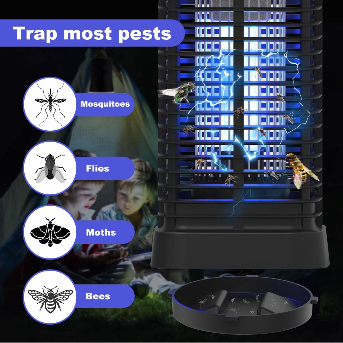 Gamexcel 4000V Bug Zapper, Corded Indoor/Outdoor Electric Insect Killer with Hanging Design, Square, Black