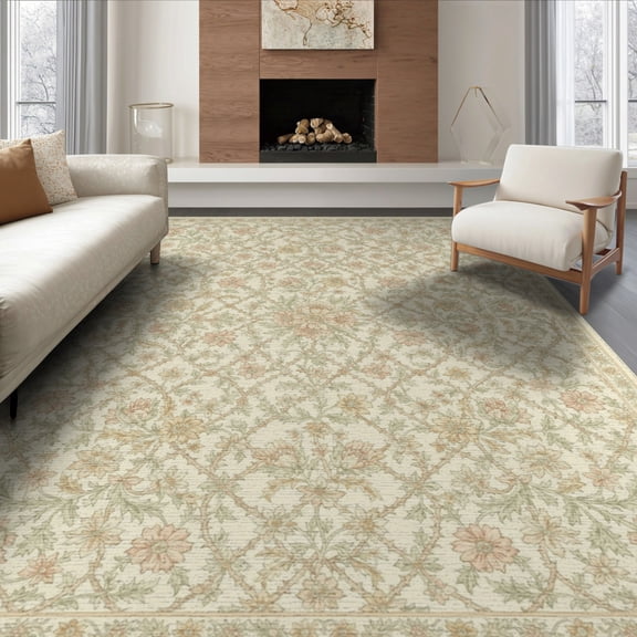 ODIKA 8'x10' Washable Area Rug Non-Shedding, Easy Care, Vintage Allover Trellis Delicate Border Scroll Ornate Neutral Flowing Dynamic for King Size Bedroom Under Bed, Master Suite