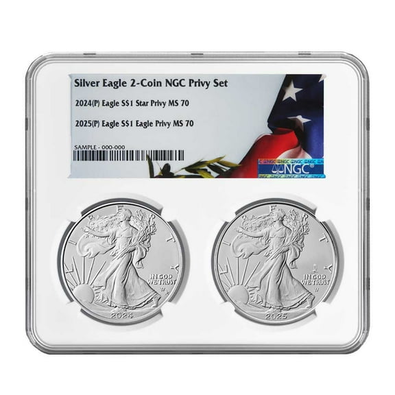 2024-2025 (P) $1 American Silver Eagle Star and Eagle Privy 2pc Set NGC MS70 American Liberty Flag Label Dual Holder