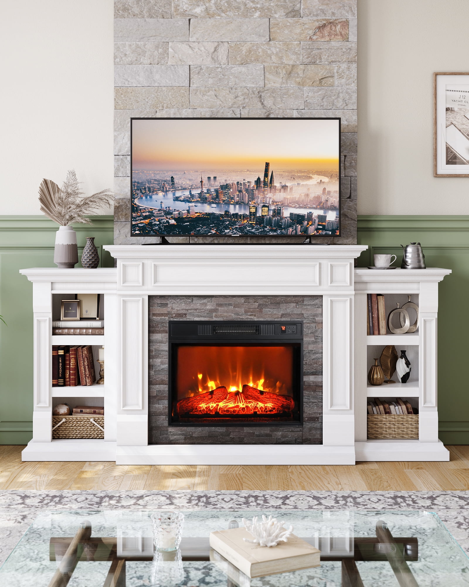 70"L Fireplace Mantel with 23" Electric Fireplace and Bookshelves, Wooden Storage Freestanding Heater with Remote Control, White