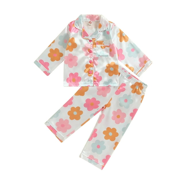 xiaxaixu Toddler Girls Spring Pajamas, Flower Print Long Sleeve Lapel Button Closure Tops + Elastic Waist Pants Sleepwear