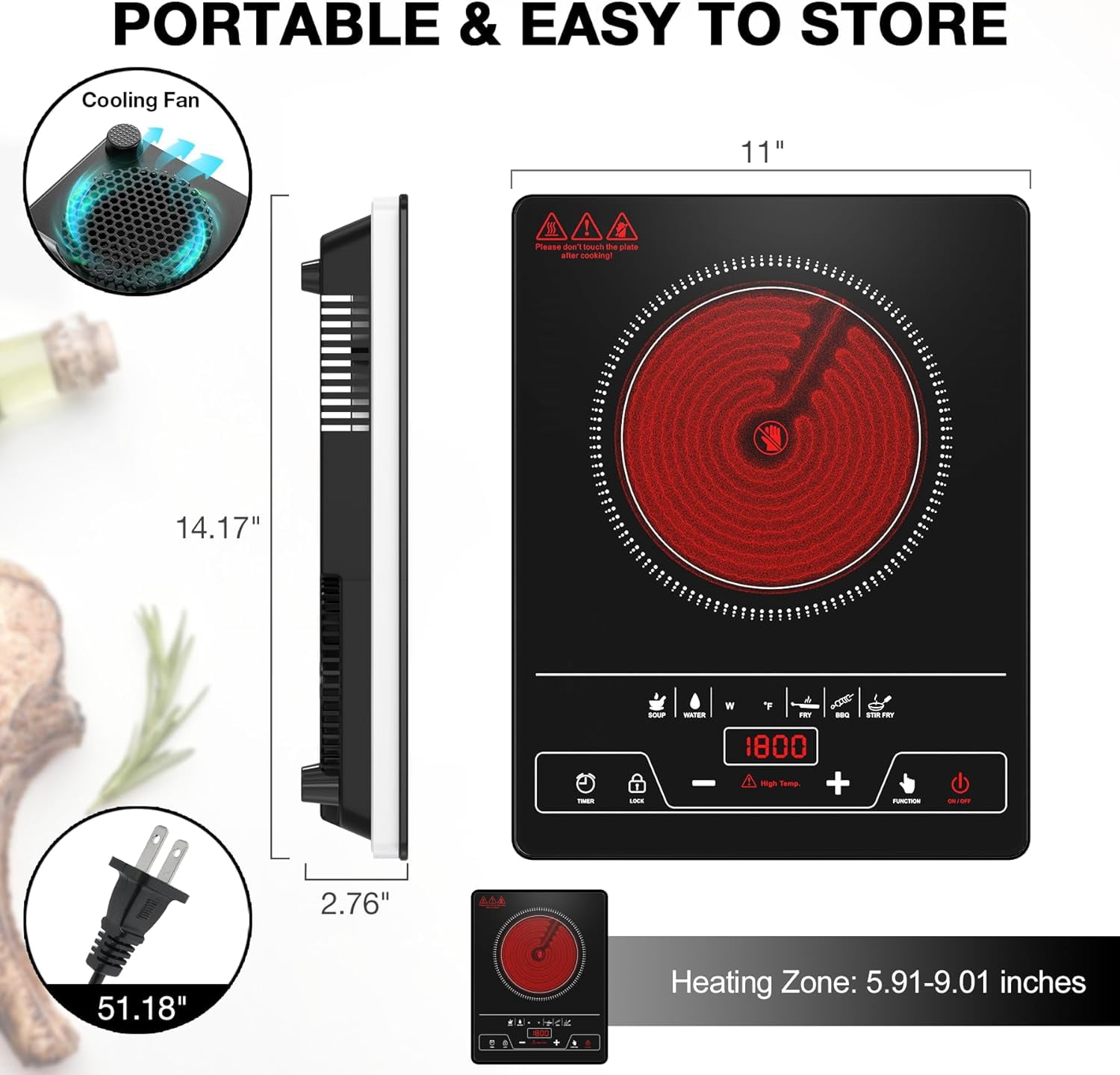 Single Burner Electric Cooktop 1800W Portable Stove Top with LED Touch Control, 8 Power Levels, Timer & Child Lock, Black Crystal Surface for Kitchen Dorm Office Camping