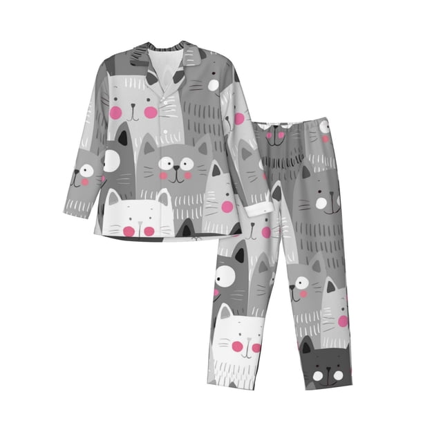 Balery Cats Group Pijama para Hombre de Dos Piezas con Manga Larga, Conjunto de Dormir y Descanso Suave con Bolsillos-XX-Large
