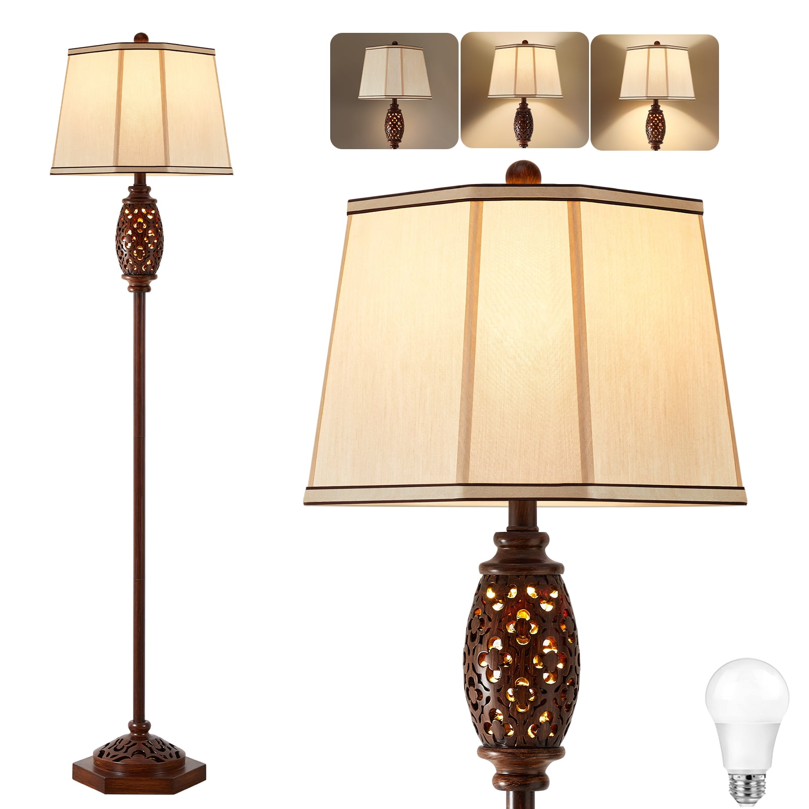 NATYSWAN  Vintage Floor Lamp - Brown Carved Resin with Hollow Light Design, Rustic Standing Lamp for Living Room, Bedroom, Study(Bulb Included)