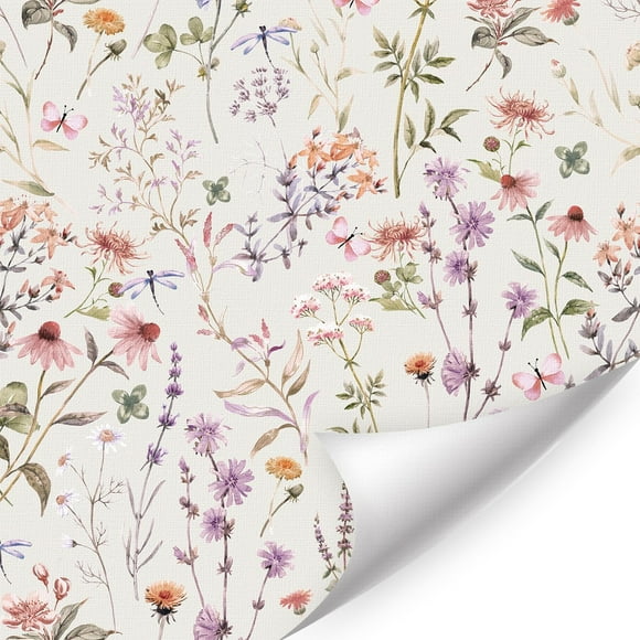 Biwat Colorful Boho Floral Wallpaper 17”x118”Cute Pink Decorative Room Paper Self Adhesive Peel And Stick Contact Paper Girls Room Various Wildflowers And Butterfly Wall Paper for Bedroom Living Room